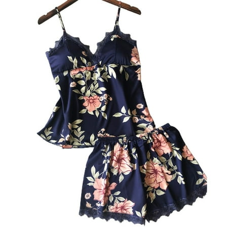 

Well 2Pcs Nightwear Women Satin Silk Sleepwear Lace V Neck Pyjamas Set Loungewear Satin Cami Set Nighties Silk Lingerie dark blue