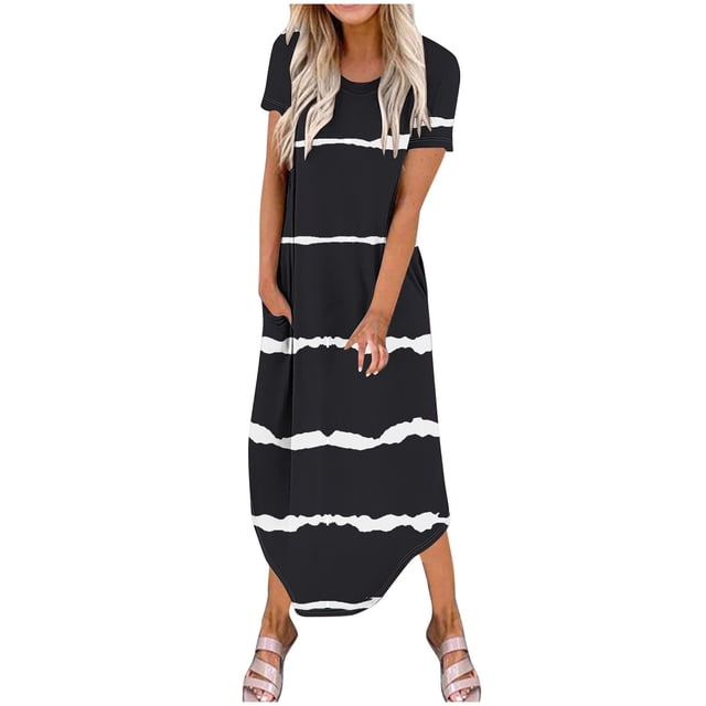 Dvkptbk Robe Maxi Femme Décontractée Manches Courtes Col Rond Robe d'Été Rayée Grande Taille Longue Robe Fendue Maxi Robe de Plage Femme avec Poches