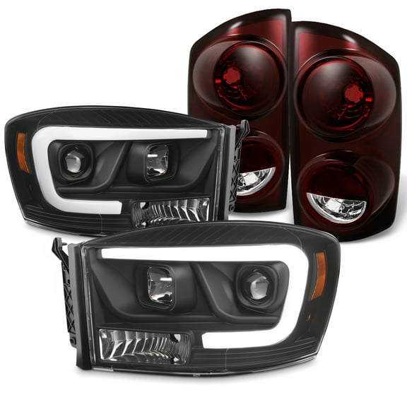 AKKON - Fit 2006-2009 Dodge Ram 1500/2500/3500 Halogen Type w/LED Switchback Projector Headlights   OE Style Dark Red Tail Lights