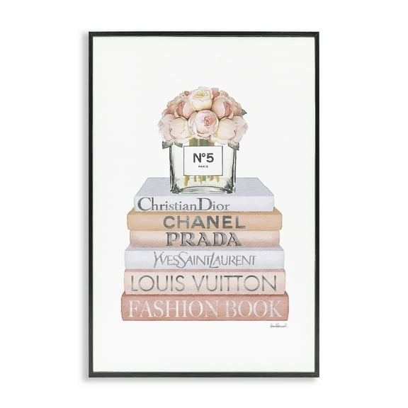 Stupell Industries Glam Bookstack & Flowers Botanical & Floral Painting Black Framed Art Print Wall Art, 12 x 18