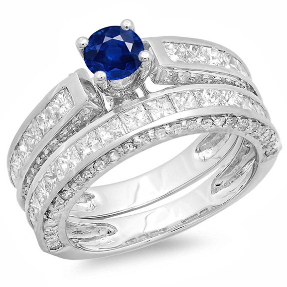 Dazzlingrock Collection 14K Princess & Round Blue Sapphire & White Diamond Bridal Engagement Ring Set, White Gold, Size 5.5