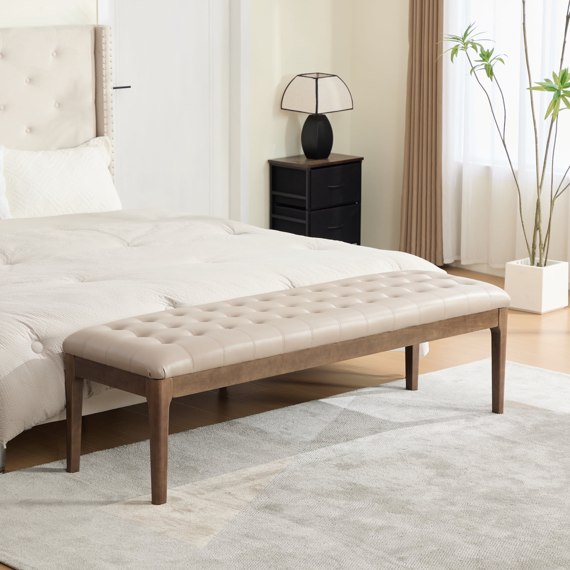 Upholstered Bed Bench 66 Inch, Button Tufted Faux Leather Bench with Dark Walnut Legs, End of Bed Bench for Bedroom and Entryway, Taupe