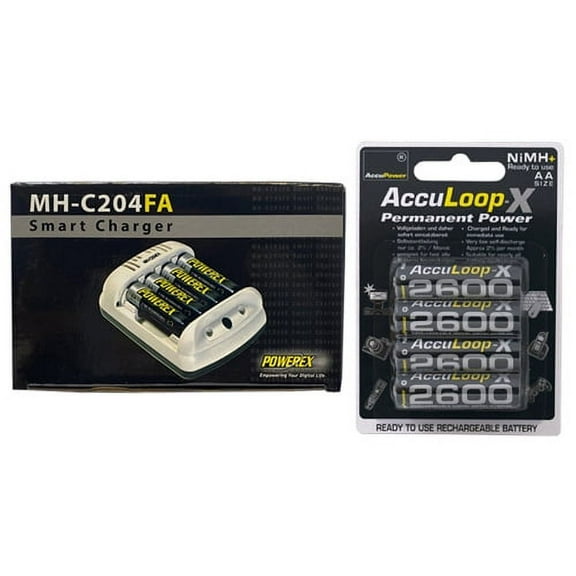 Powerex MH-C204FA AA / AAA Smart Battery Charger & 4 x AA NiMH AccuPower AccuLoop-X Rechargeable Batteries (2600 mAh) Charger