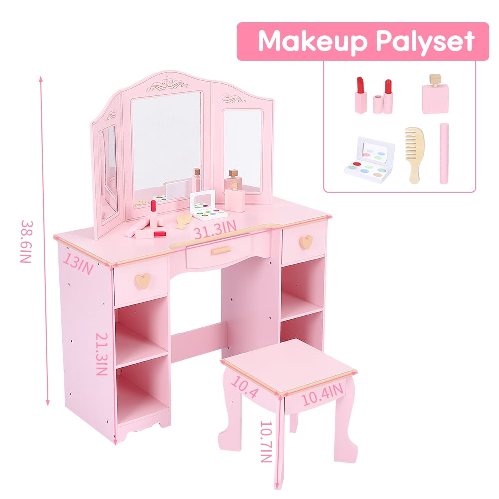 Garvee Kids Vanity Set with Mirror and Drawer - Girls' Vanity Table and Chair Set with Wood Makeup Playset, Perfect for 3-9 Yr, Pink