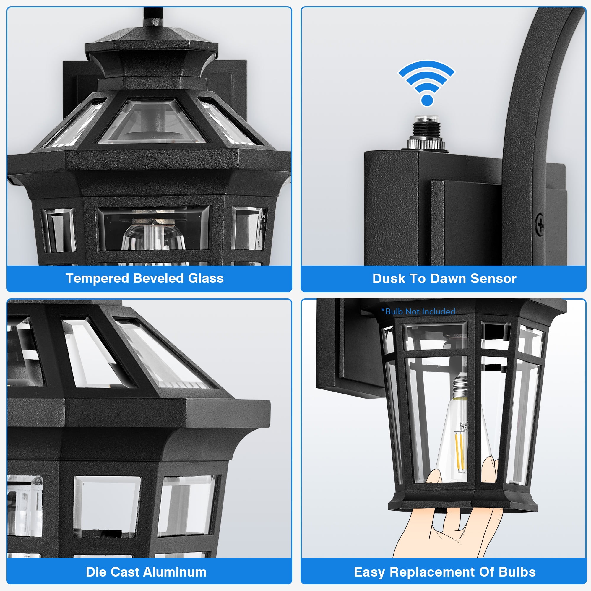 Outdoor Light Fixtures Wall Mount, 2-Pack Outdoor Wall Sconce Dusk to Dawn, Exterior Lantern with E26 Base, Matte Black Finish Coach Lights for Garage, Waterproof Outside Lights for House