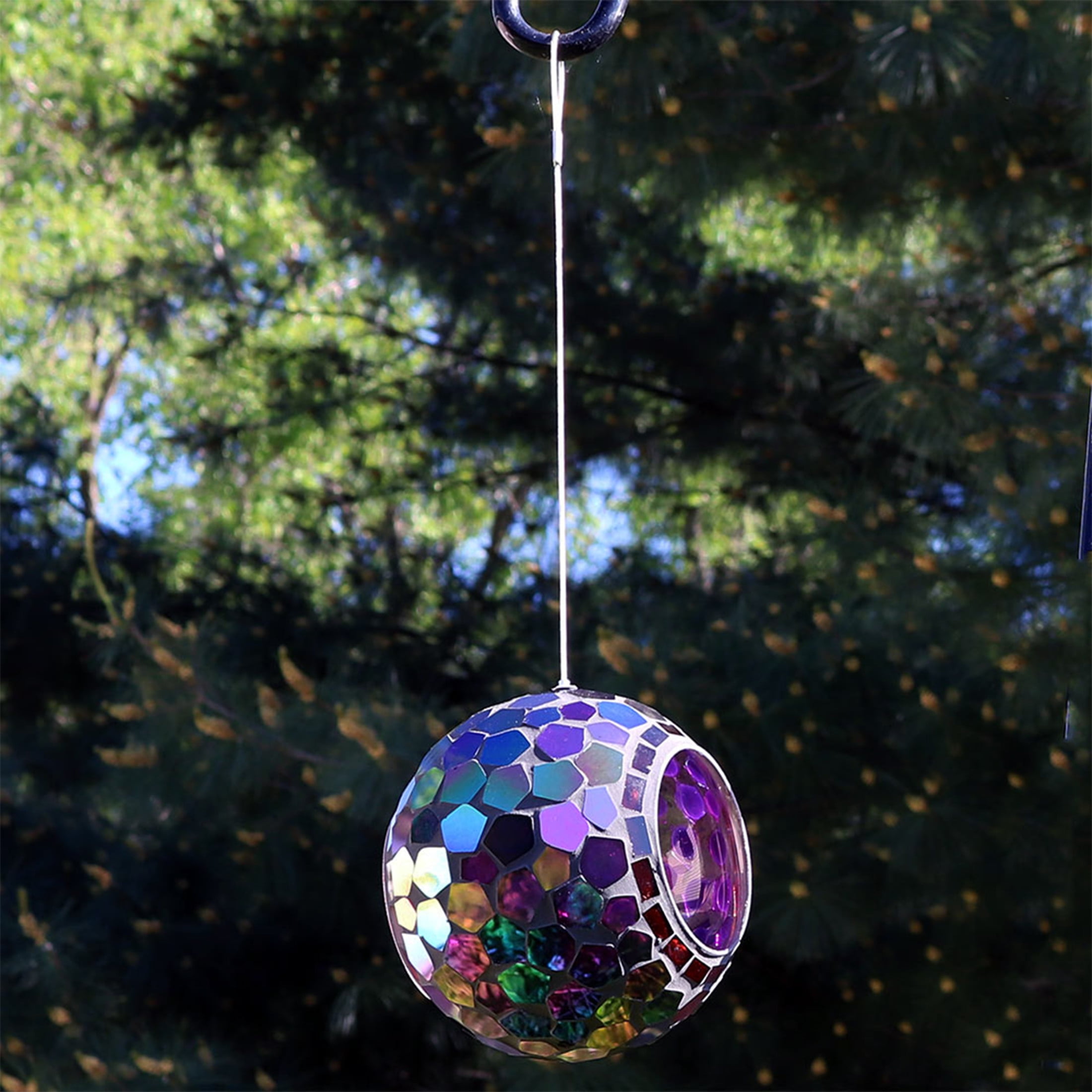 Sunnydaze Mosaic Glass Fly-Through Hanging Bird Feeder, 1-Cup Capacity, Purple