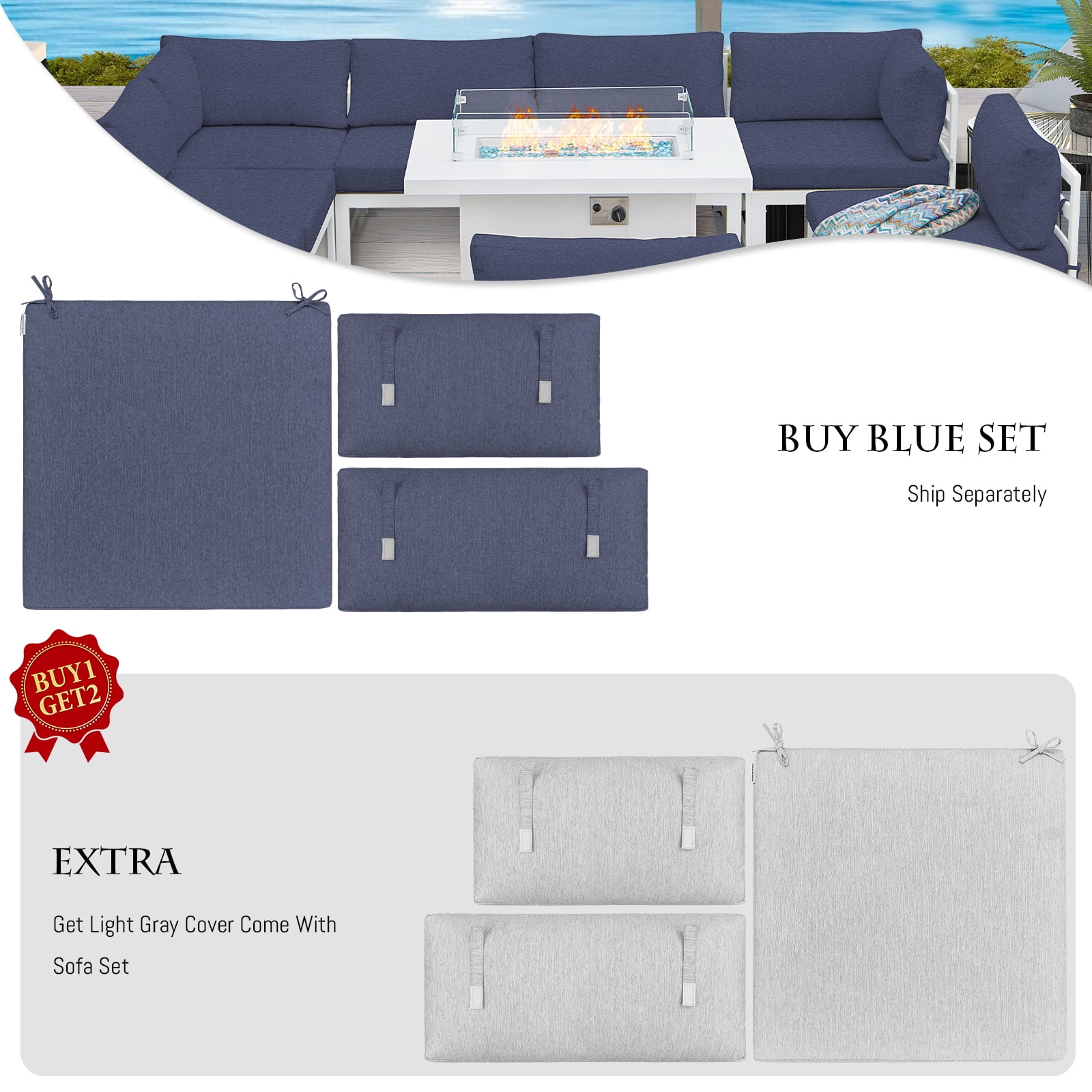 RADIATA 8 Pieces Aluminum Outdoor Patio Sectional Furniture Sofa Set with Fire Pit Table and Chaise Lounge Weather-Resistant for Porch Backyard Thicken Denim Blue Olefin Cushions Luxury
