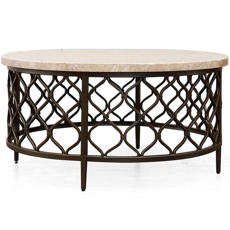 Roland Round White Stone Top with Bronze Metal Base Coffee Table