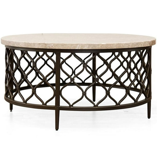 Roland Round Metal Base Coffee Table, Roland Round White Stone Top With Bronze Metal Base Coffee Table