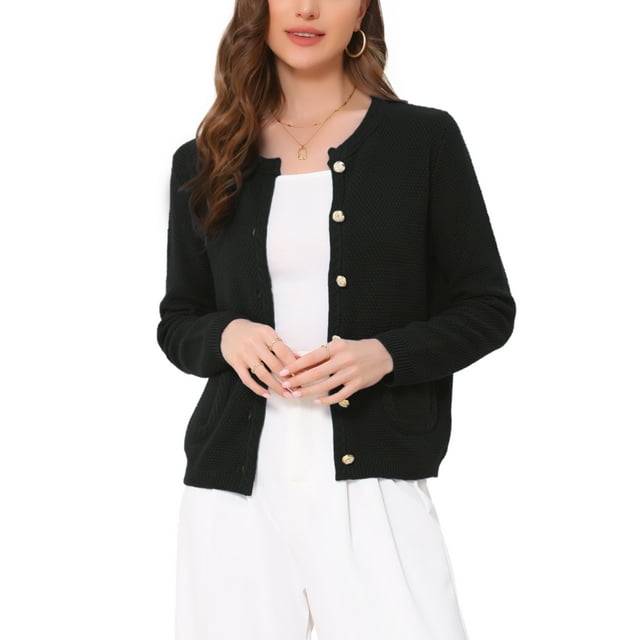 Suéter abierto Inspire Chic para mujer, sin cuello, con botones, estilo casual de negocios, cárdigan de punto grueso, talla XS, negro