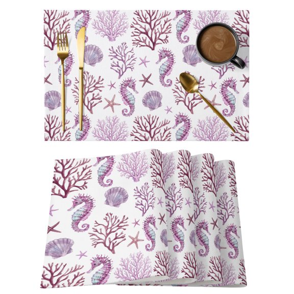 Seahorse Coral Starfish Placemats Set of 6, Coastal Boho Nautical Purple Marine Life Non-Slip Place Mats Washable Table Mats for Kitchen Dining Table Decorations Indoor/Outdoor