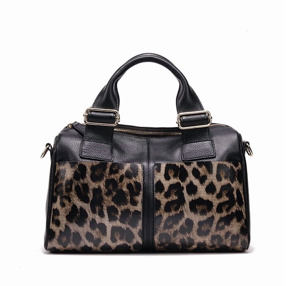 Genuine leather leopard print handbag wallet for women, shiny surface, large capacity, detachable shoulder strap, storage bag