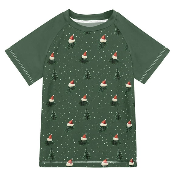 FORMRS Boys Rash Guard Short Sleeves Swim Shirt Quick Dry UPF 50 Sun Protection, Sizes 3-12T, Christmas Forest