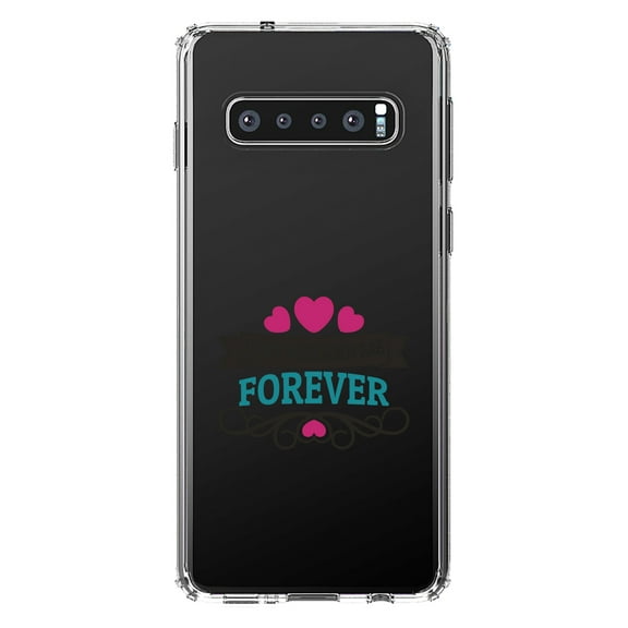 DistinctInk Clear Shockproof Hybrid Case for Samsung Galaxy S10  PLUS (6.4" Screen) - TPU Bumper Acrylic Back Tempered Glass Screen Protector - Just You And Me Forever