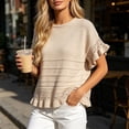 thumbnail image 2 of dazeni Summer Sweaters for Women Ruffle Flare Short Sleeve Knit Crochet Pullover Hollow out Oversized Crewneck Tops Khaki, 2 of 7