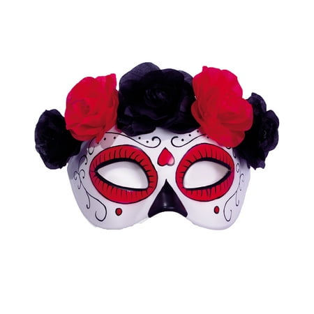 Day Of The Dead Sugar Skull Half Mask With Red Black Roses Headband