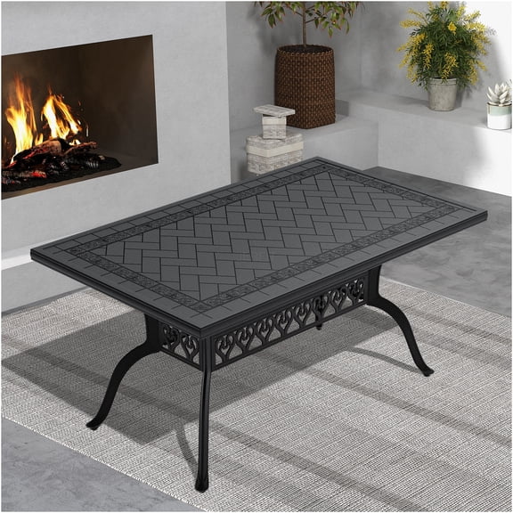 JERFIT 6-Person Outdoor Dining Table, Black Cast Aluminum Patio Table with Carved Top, Weather-Resistant Garden Table for Patio, Deck, Backyard