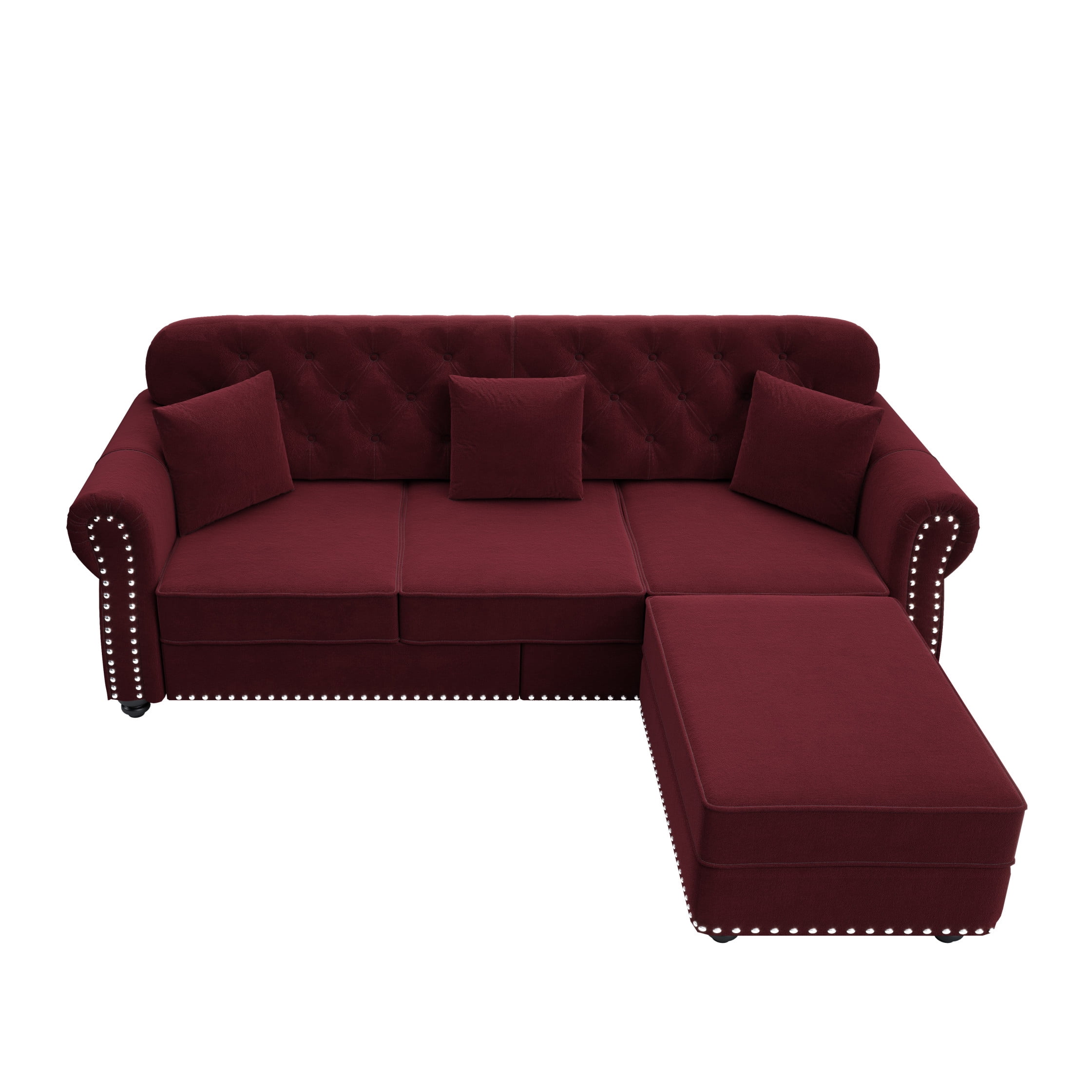 Noble House Kieran 3-Seater Velvet Chesterfield Sofa, Modern Tufted Armchair with Nailhead Trim and Ottoman, Burgundy