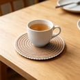 thumbnail image 6 of Hyknon 1 Pcs Round Cotton Placemats, 4.7 Inch Heat Resistant Non Slip Plate Chargers, Boho Farmhouse Rustic Woven Place Mats, Durable Rattan Wicker Table Mats with Ball Trims for Kitchen Dining Table, 6 of 7