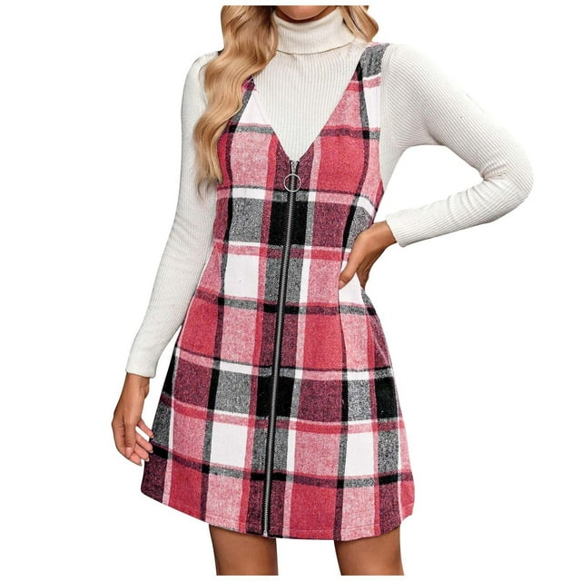 Lenpel Robe Salopette à Carreaux pour Femme Automne Hiver Décontractée Sans Manches à Col en V à Fermeture Éclair Robe d'Extérieur Mini Robe Chasuble (Rose, Petit)