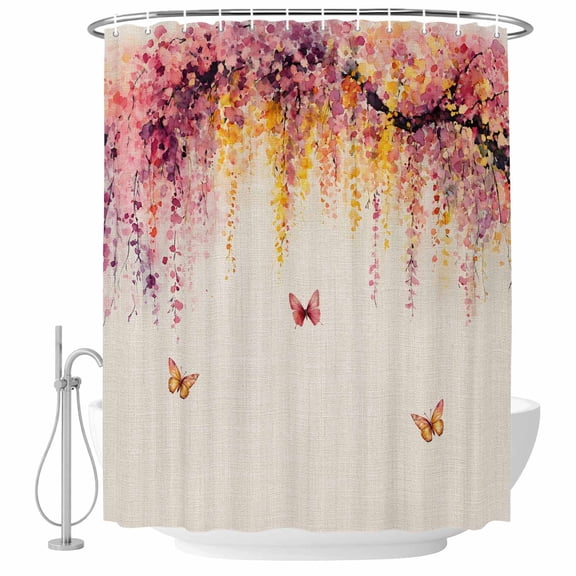 Country Bathroom Shower Curtains with Hooks, Watercolor Trees Flowers Butterfly Linen Texture Waterproof Fabric Washable Shower Curtain for Home Hotel Bathtub Decor 54x78 Inch