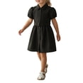 thumbnail image 4 of Girls School Uniform Shirt Dress, Puff Short Sleeve Lapel Collar A-Line Midi Dress with Matching Belt, Solid Color Preppy Outfit for Back to School Daily Outdoor Wear(Black,3-4 Years), 4 of 4