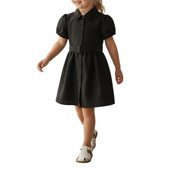 WOYY Toddler Girls Shirt Dress Casual School Puff Sleeve Button-Down Belted Dress, Black