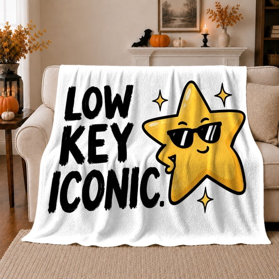 Low Key Iconic Star Sunglasses, Playful Celestial Scene, Warm Flannel Blanket for Living Room and Bedroom with Detailed Artwork, Art Lovers Housewarming Gift, Celestial Home Decor