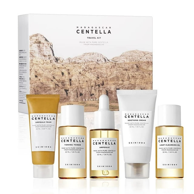 SKIN1004 Madagascar Centella - Kit de viaje, tónico, ampolla, crema calmante, aceite limpiador, espuma de ampolla