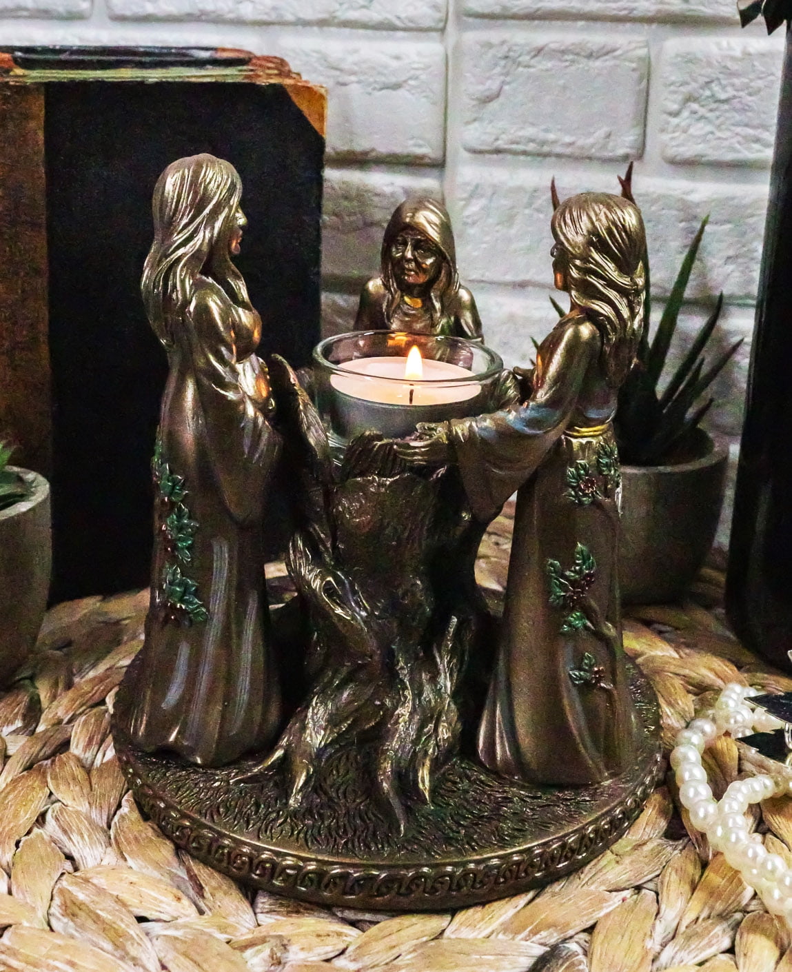 Ebros Occultic Wiccan Triple Goddess Maiden Mother Crone Votive Candle Holder