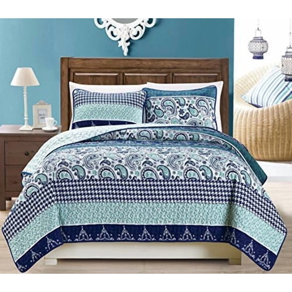 3-Piece Fine Printed Oversize (100" X 95") Quilt Set Reversible Bedspread Coverlet Full/Queen Size Bed Cover (Navy Blue Paisley)