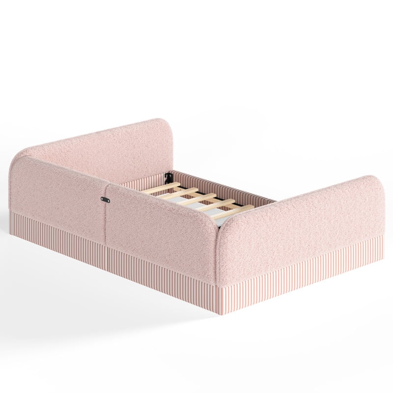 Queen Size Upholstered Floor Daybed Frame for Kids, Half-Enclosed Montessori Platform Bed with 3-Sided Surrounding Guardrails