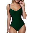 thumbnail image 7 of Women Slimming Tummy Control One Piece Swimsuits V Neck Crisscross Back Bathing Suit Dark Green M, 7 of 7