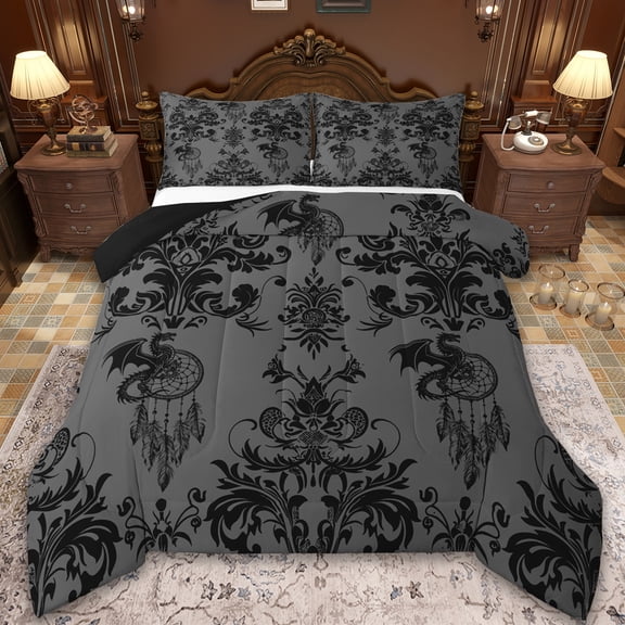 Manfei Damask Bedding Comforter Set,Gothic Flower Twin Comforter Sets,Gray Dragon Dreamcatcher Bedding Set,Breathable Bedroom Decorative Reversible,2-Piece