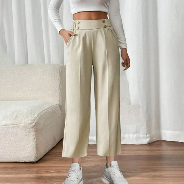 Women High Waisted Elastic Pants, Solid Color Casual Workwear, Stretchy Comfortable Fabric, Slim Fit Design, For Office Daily Use, Versatile Styling, Soft Cotton Blend, Long Length, 9-12 Months,