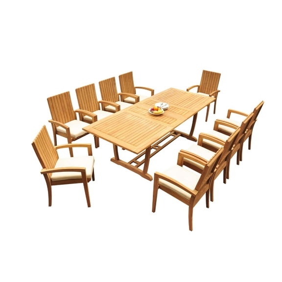 Grade-A Teak Dining Set: 10 Seater 11 Pc: 94" Mas Rectangle Trestle Leg Table And 10 Goa Stackng Arm Chairs Outdoor Patio WholesaleTeak #51GO1111