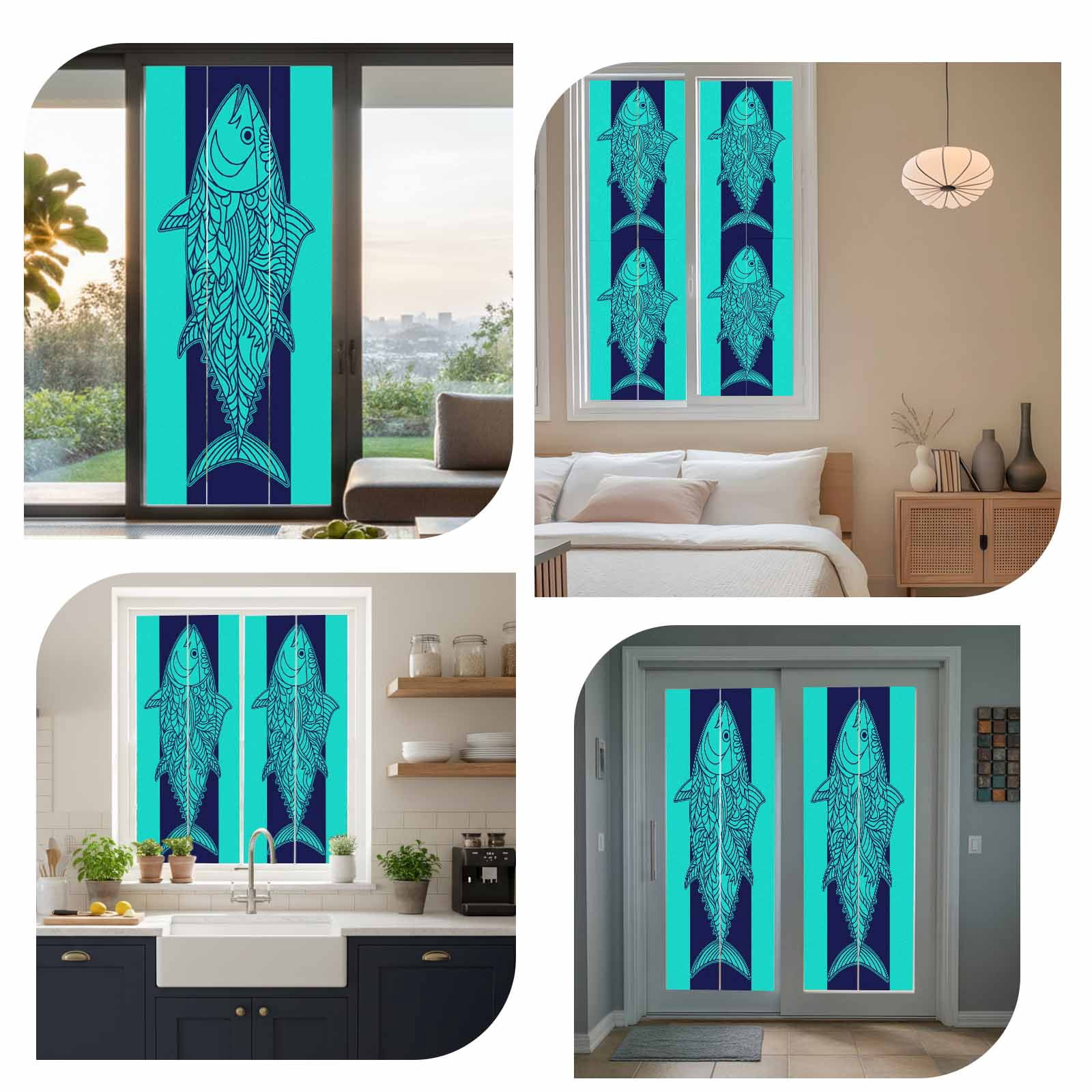Tuna Window Privacy Film, Summer Beach Frosted Glass Window Clings Static Cling UV Heat Blocking Reusable Door Sticker for Bathroom 23.6 x 59 Inch