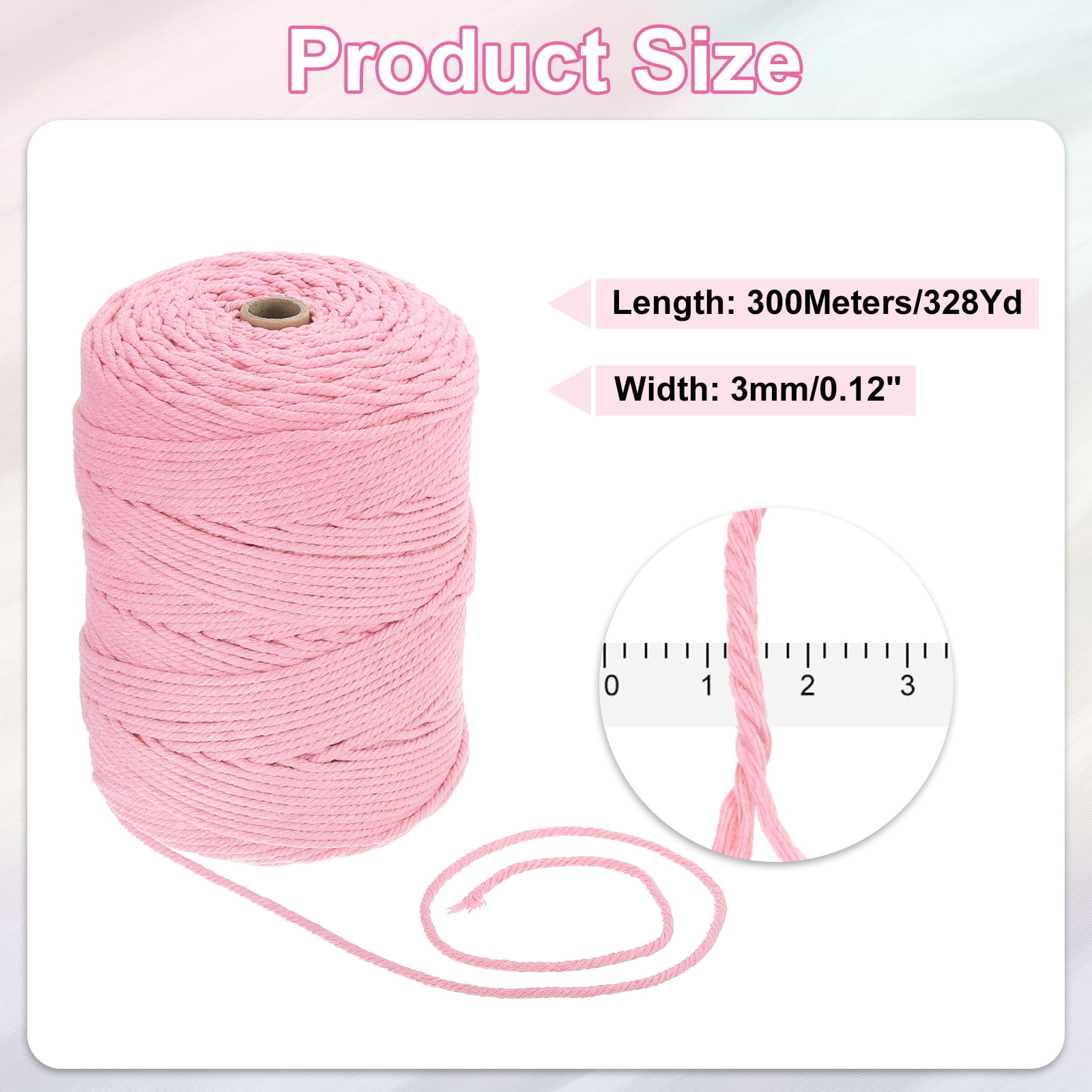 Uxcell Natural Macrame Cord 3mm x 328 Yards 4 Strand Twisted Cotton Macrame Rope for DIY Knitting Plant Wall Hanger Dreamcatcher, Light Pink