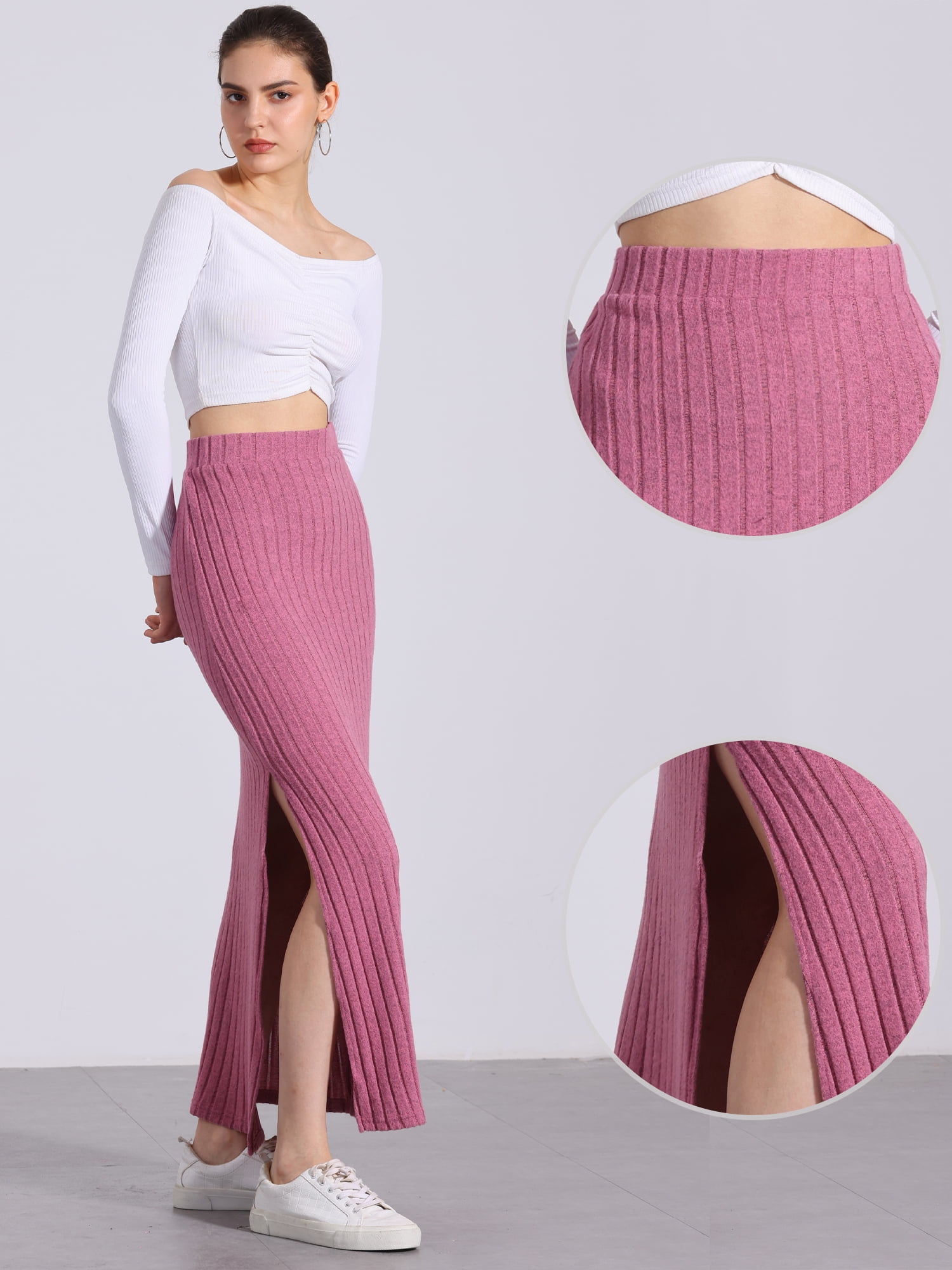 DARING DIVA Women's High Waisted Long Skirt Slit Bodycon Knit Pencil Skirt XS Pink