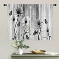 thumbnail image 4 of Black and Grey Floral Daisy Kitchen Curtains 27.5W X 39L Inch 2 Panel Rod Pocket Wooden Flower Rustic Daisy Vintage Butterfly Small Short Cafe Tier Window Drapes Country Bathroom Home Decor, 4 of 6