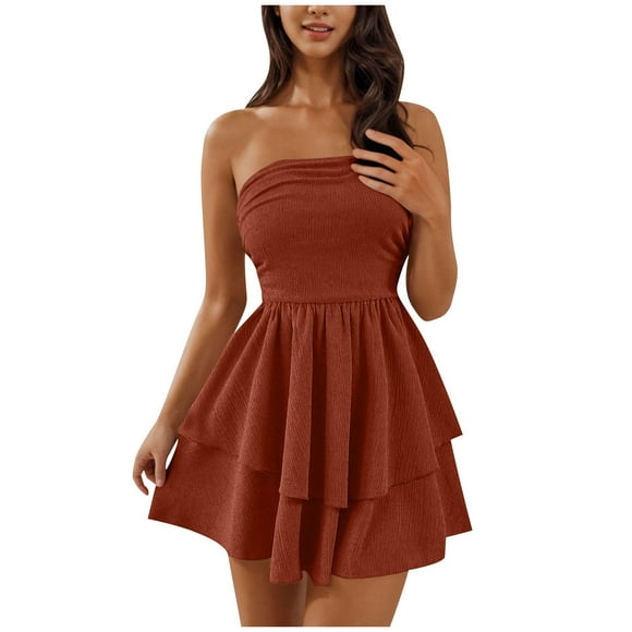 Staron Casual Dresses for Women A Line Cute Teen Strapless Loose Spring Mini Dress Off Shoulder Smocked Ruffle Dresses