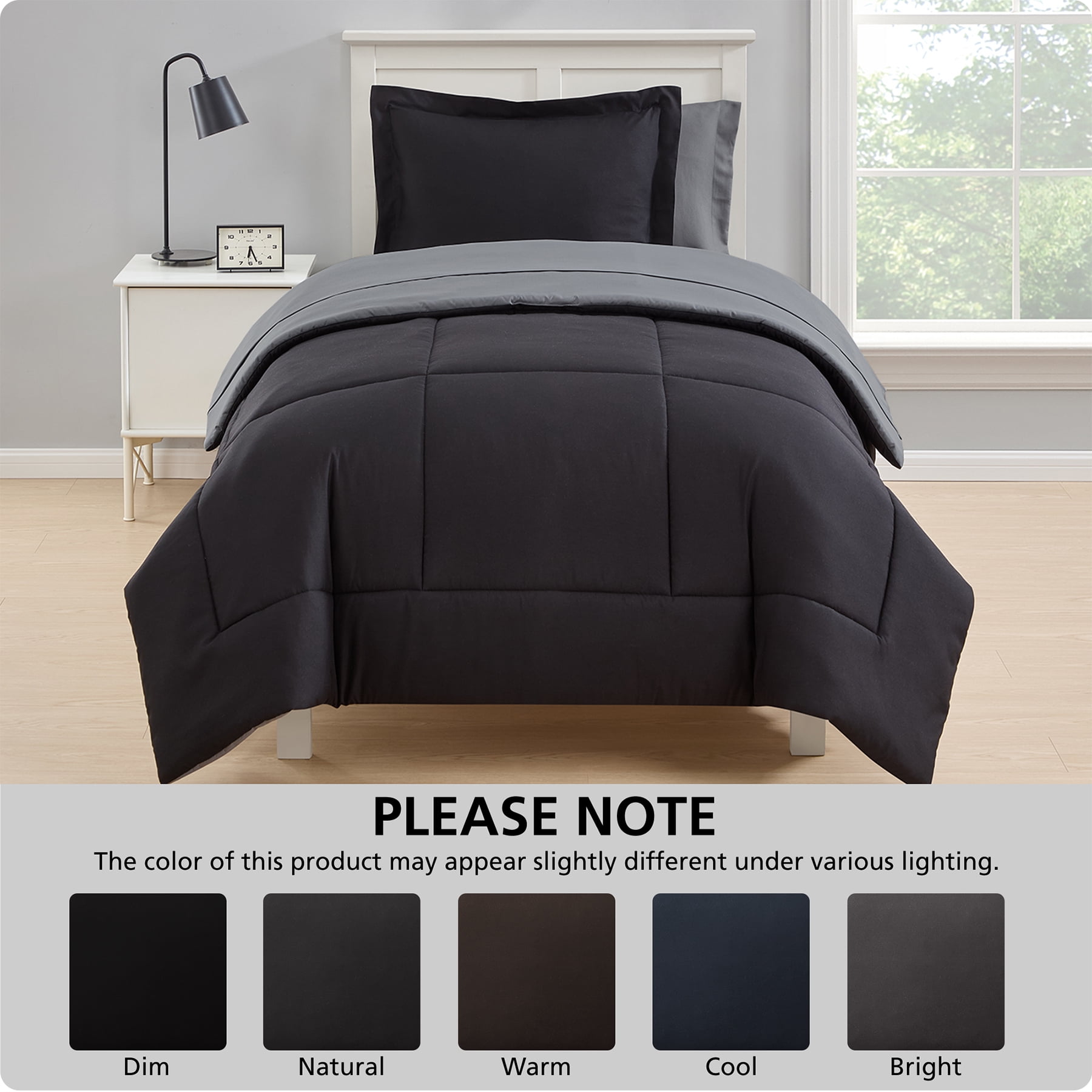 Mainstays 5-Piece All-in-One Reversible Comforter and Sheet Set, Twin/Twin XL, Black