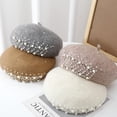 thumbnail image 2 of Beret Hat for Women, French Pearl Rhinestone Beanie Hat Winter Warm Adjustable Artist Cap 1pcs, 2 of 7