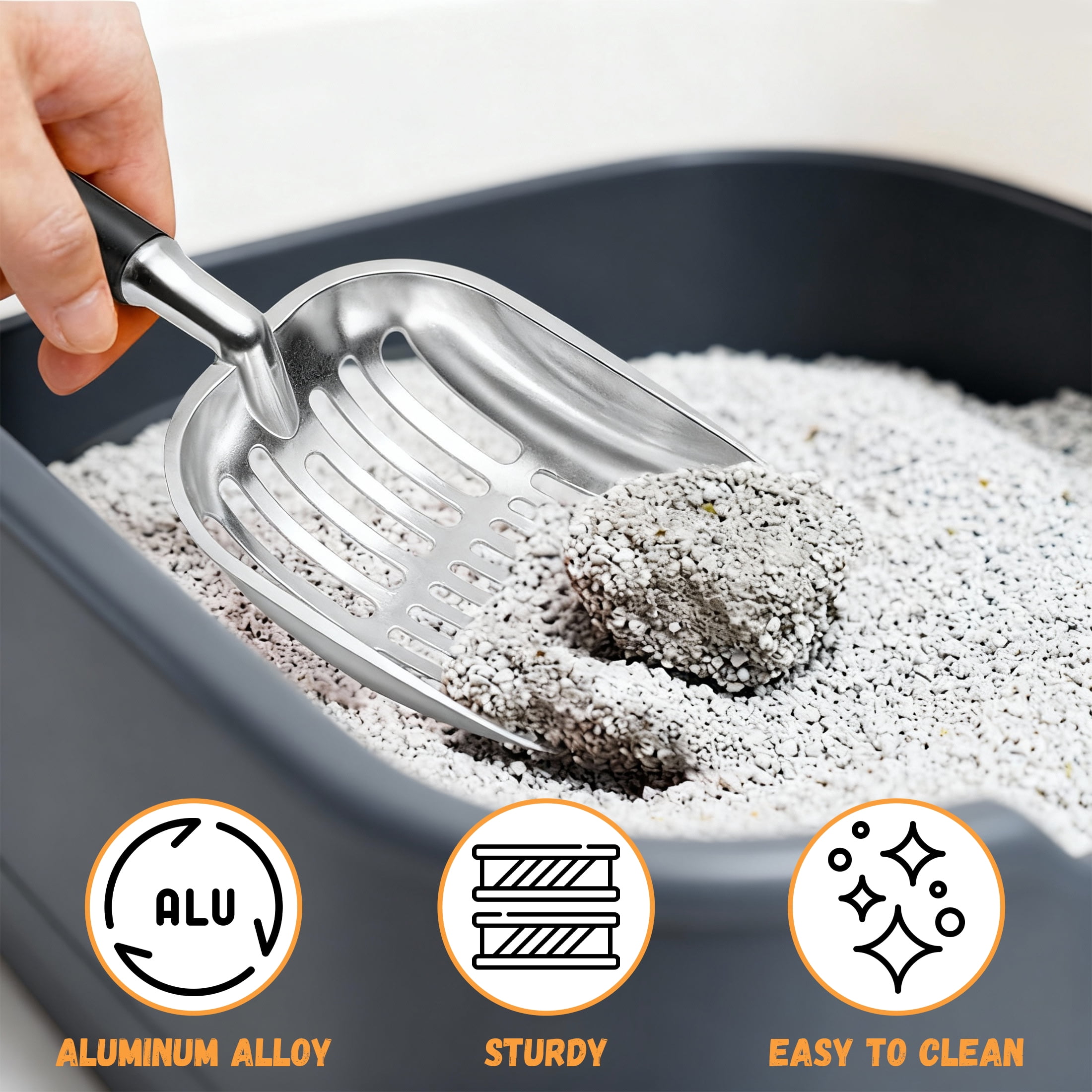Cat Litter Scoop, Metal Cat Scooper with Deep Shovel and Long Handle, Poop Sifting, Kitty Litter Scooper for Cat Litter Box