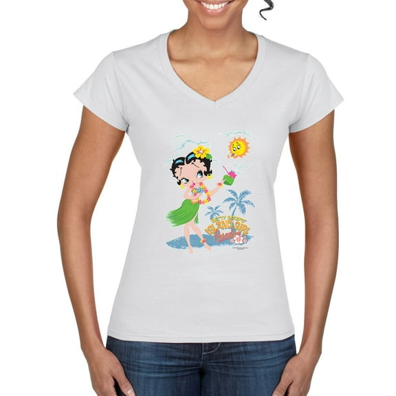 Wild Bobby Betty Boop Island Girl Paradise Betty Boop Women’s Standard V-Neck Tee, White, Medium