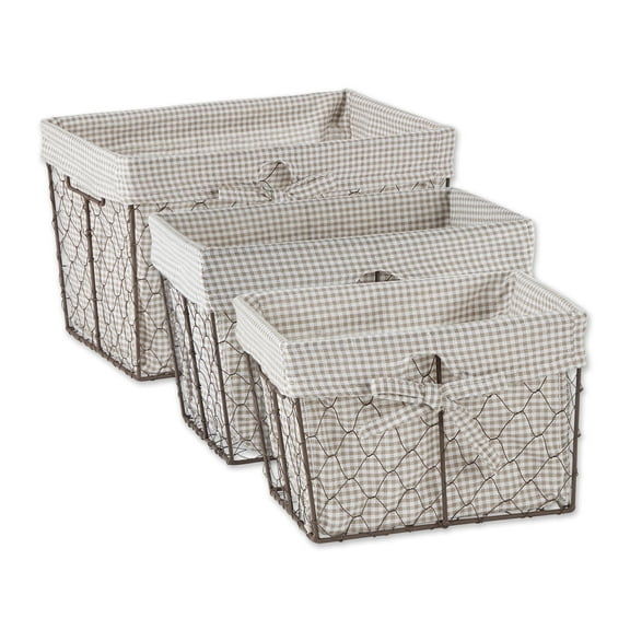 Rustic Bronze Chicken Wire Stone and White Check Cotton Liner Basket (Set of 3)