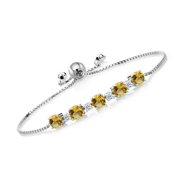 Gem Stone King 925 Sterling Silver Round Yellow Citrine and White Topaz Tennis Bracelet for Women (3.97 Cttw, Gemstone Birthstone, Fully Adjustable up to 9 inch)