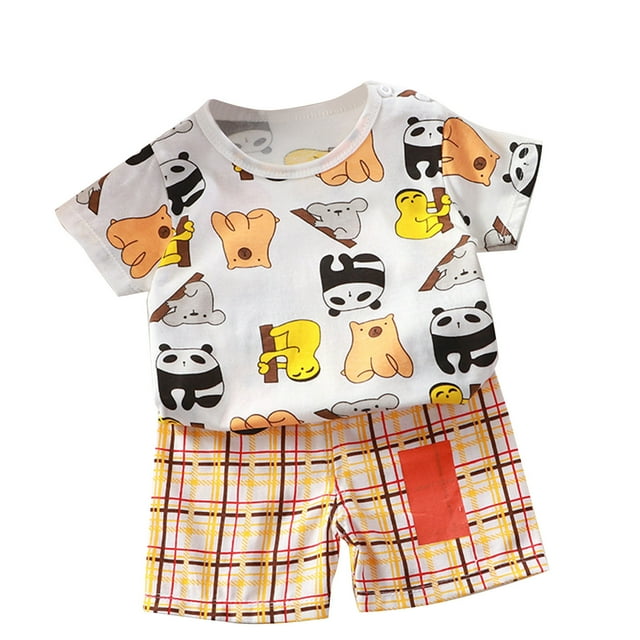 Ensemble de Pyjama d'Été Mignon pour Garçons et Filles, Col Rond, Manches Courtes, Motifs Imprimés, Shorts à Taille Élastique, Coton, Confortable, Deux Pièces, Vêtements d'Été, Blanc, 5-6 Ans