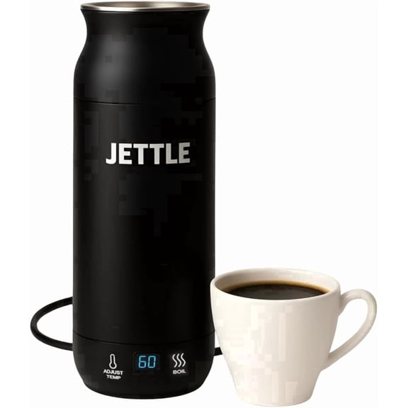 Jettle Travel Electric Kettle 450ml - Portable Bottle-Style Water Heater with Temperature Control & Auto Shut-Off - Stainless Steel for Tea, Coffee & Soup - Black