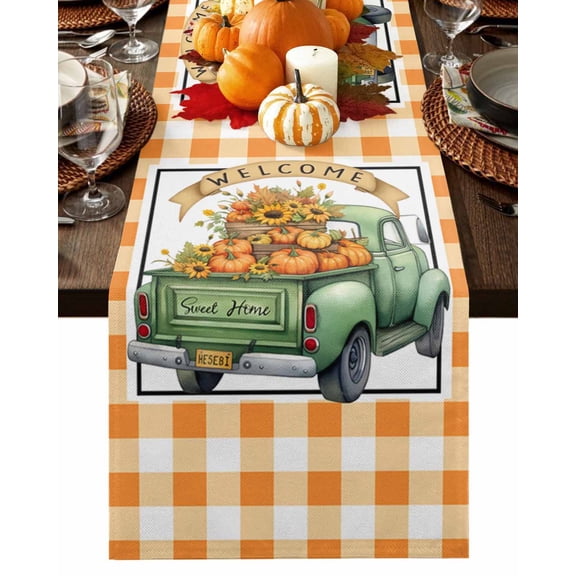 Fall Green Truck Pumpkin Table Runner-Cotton Linen- 48 Inch Holiday Dresser Scarves, Thanksgiving Buffalo Plaid Orange Tablerunner for Kitchen Coffee/Dining Living Room Dinner Scarf Décor 13x48